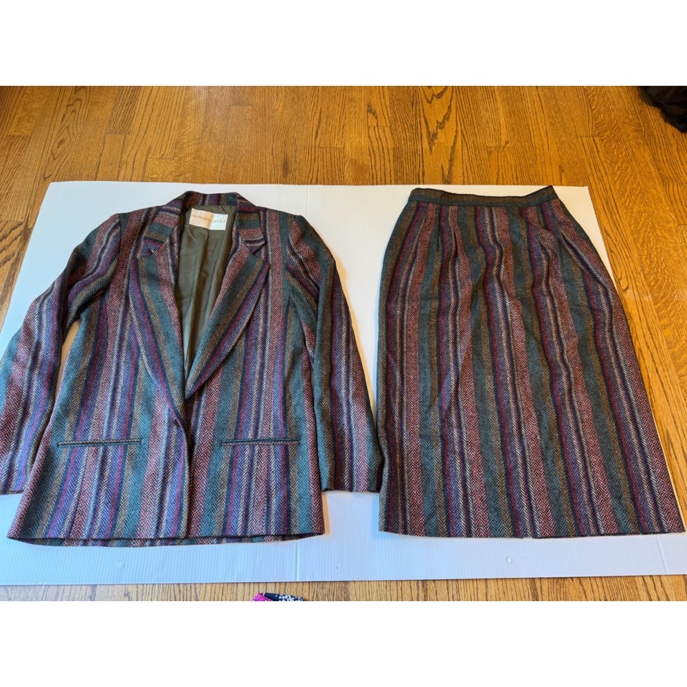 Howard Wolf Vintage Herringbone Stripe Skirt Suit Set Burgundy Teal Size 8 10